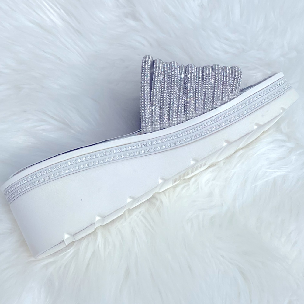 Restock!  White Platform Silver Rhinestone Embellished Wedge Slide-In Sandals - Picture 2 of 12